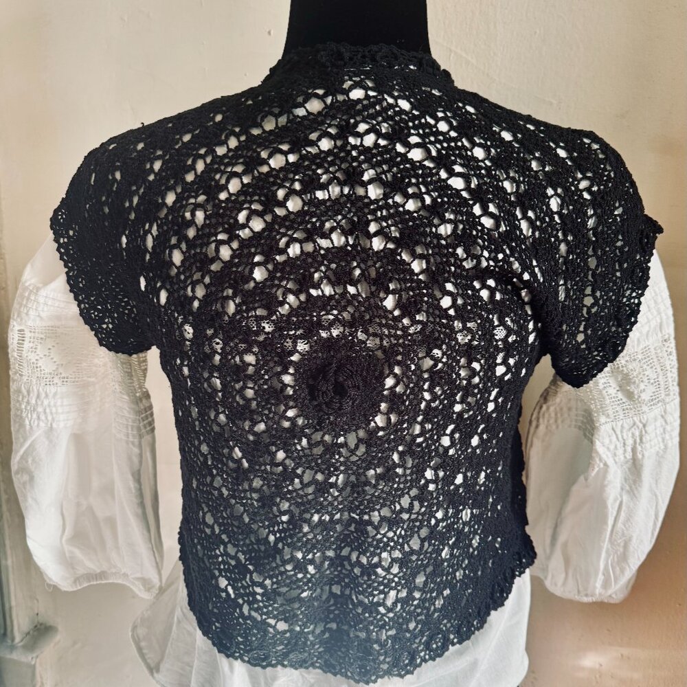 Vintage Bohemian  Black Cotton  Crochet Vest Size S - Picture 2 of 7